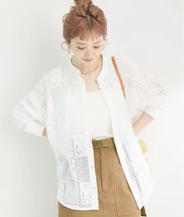B.C.STOCK 화이트 레이스 니트 노카라 셔츠