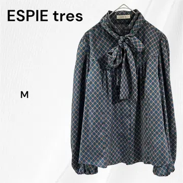 Espi 리본이 달린 블라우스 긴팔 셔츠 체크 M 다크 그린