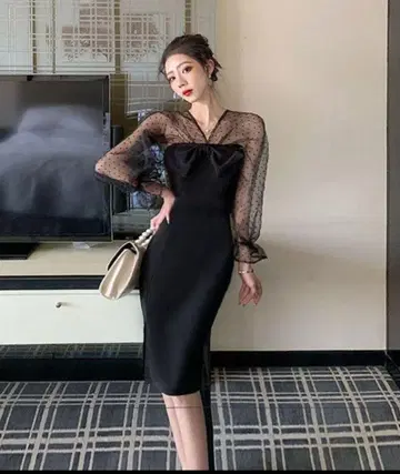 시어 머메이드 원피스 블랙 도트 튤 파티 드레스 한국