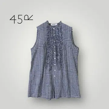 [새상품급] 45rpm 체크 프릴 컷 셔츠 슬리브리스 네이비
