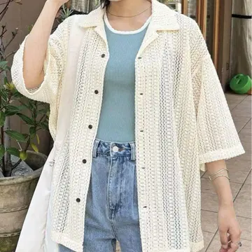 반팔 레이스 오픈 카라 셔츠 CPCM 모듬 레이스 반팔 셔츠 아이보리
