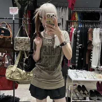 할리데이비슨 보로 가공 라메 티셔츠 카키 y2k 그런지 헤이세이