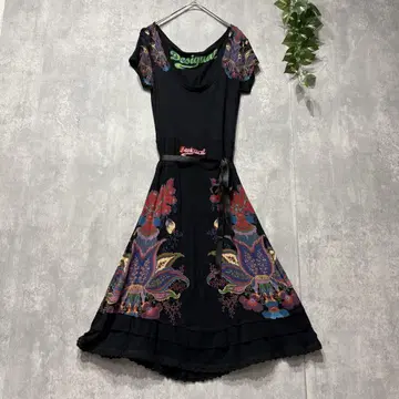 Desigual 원피스 꽃무늬 자수 레이스 시스루 플레어 블랙