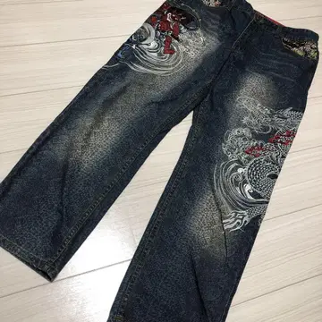 Used BUKKIRABOU 파도와 드래곤 자수 와이드 팬츠 36