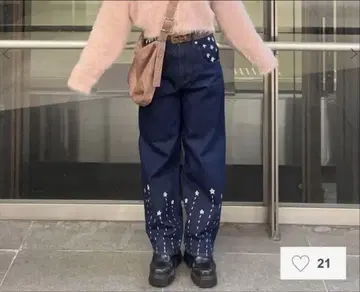 자수 스트레이트 데님 팬츠