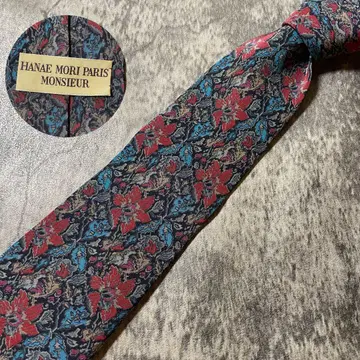 AN124 HANAE MORI PARIS 블루 레드 실크 넥타이