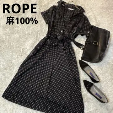새상품급*ROPE 린넨 셔츠 원피스 허리 리본 블랙 도트 무늬