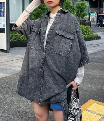 페이지 보이 데님 오버 셔츠 반팔 셔츠 오버 사이즈