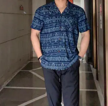 미사용 RRL 네이티브 무늬 인디고 셔츠