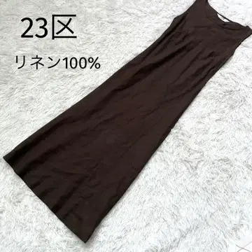 23구 초롱 린넨 100% 롱 원피스 민소매 맥시 길이 브라운