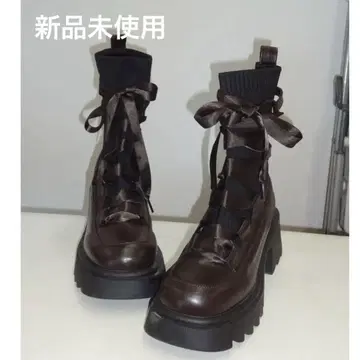 idem 리본 레이스업 통굽 부츠 레이스업 양말 부츠 브라운