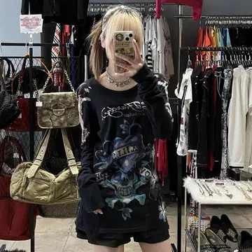 에드 하디 롱 T 해골 꽃 일본풍 패턴 해골 헤이세이 y2k 그런지
