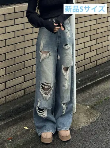 GRL 데미지 컷 루즈 데님 팬츠 [cu525]