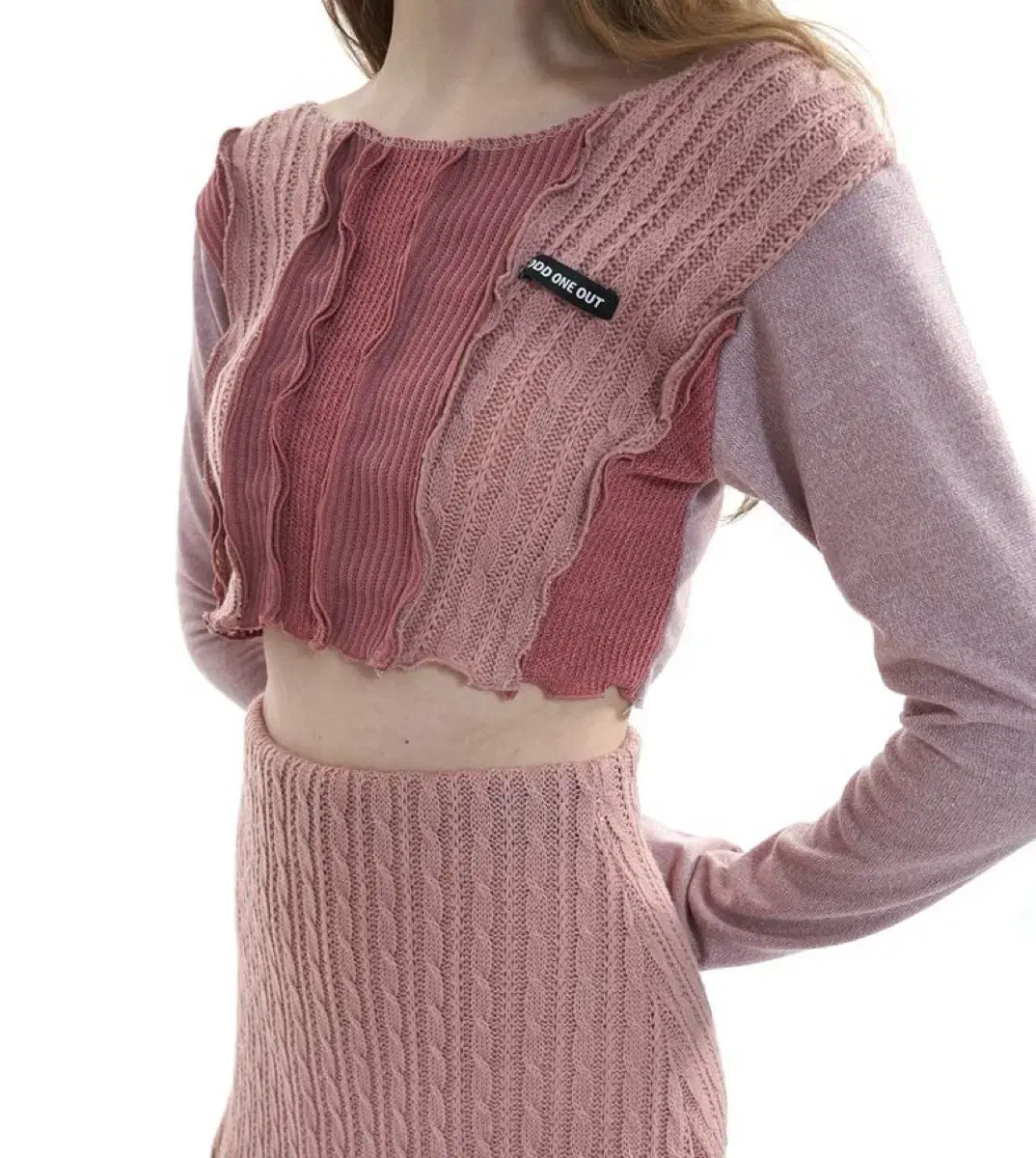 Oddoneout Patchwork Knit Crop Pink Y2K Vintage Long Sleeve T-Shirt Bohemian