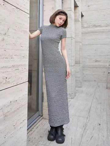 백 오픈 깅엄 롱 원피스 블랙 미사용 새상품
