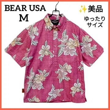 베어 USA 꽃무늬 리버스 프린트 하프 버튼 알로하 카리유시 빨간색 M