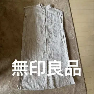 무인양품 린넨 100% 스트라이프 슬리브리스 셔츠 원피스 M/L