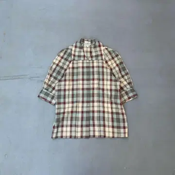 80s Paul stuart 린넨 반팔 체크 셔츠 블라우스 래글런