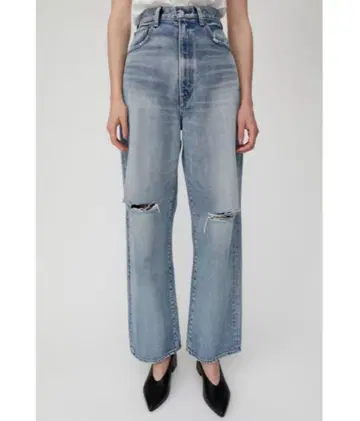 moussy 마우지 라이트 블루 데님 데미지 가공 와이드 하이 웨스트