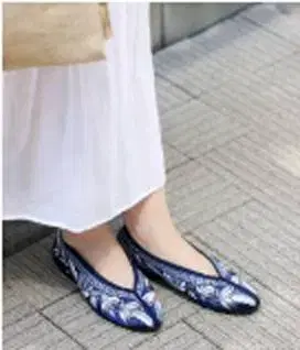베이 크루즈 자수 차이나 신발 블루 꽃무늬 리프 무늬 23.5cm