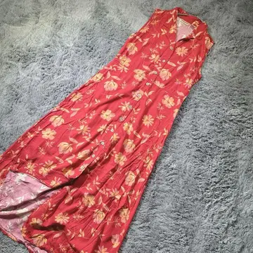 하와이안 슬리브리스 셔츠 원피스 롱 빨간색 하이비스커스 레이온