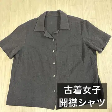 여성 빈티지 린넨 블랙 반팔 셔츠 요철 오픈 카라 셔츠