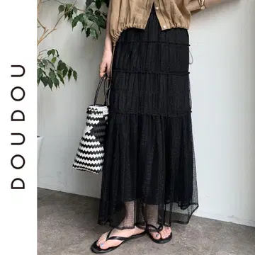 새상품 DOUDOU 레이스 셔링 티어드 스커트 두두 블랙