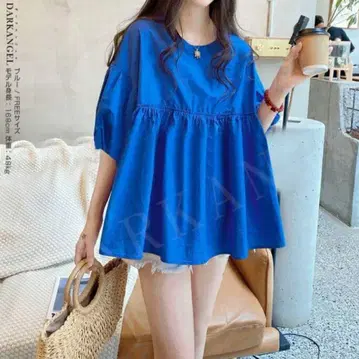 KHARIS ANGEL 오분 소매 튜닉 파랑 린넨 더블 지퍼 셔츠