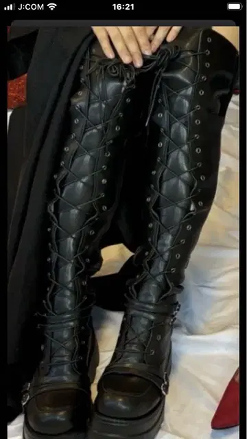 통굽 니하이 부츠 블랙 레이스업 24.5 24cm
