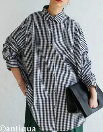 안티카 깅엄 체크 무늬 와이드 셔츠 여성용 상의