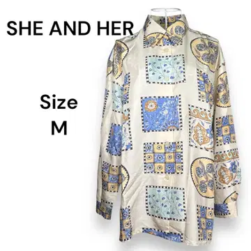 SHE AND HER 실크 100% 쇼와 레트로 프린트 블라우스 셔츠