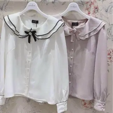 새상품 evelyn 스칼라 자수 더블 옷깃 긴팔 블라우스 화이트