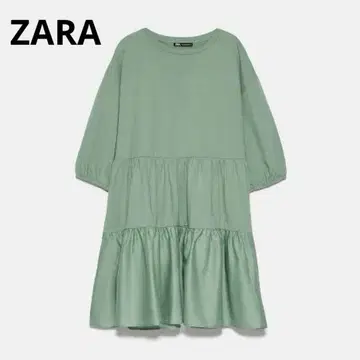 ZARA 자라 티어드 원피스 코튼 7부 소매 그린 S