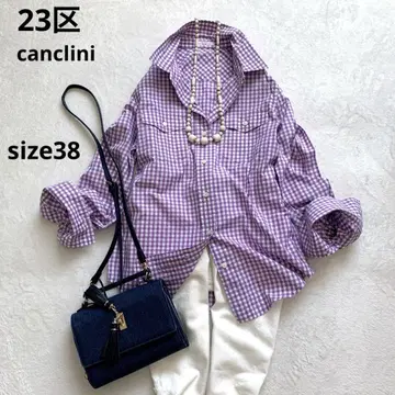 23구 canclini 긴팔 셔츠 블라우스 보라색 깅엄 체크 M 면