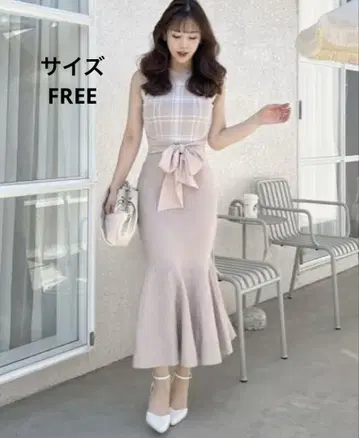 ROYAL PARTY 허리 리본 체크 슬리브리스 머메이드 원피스