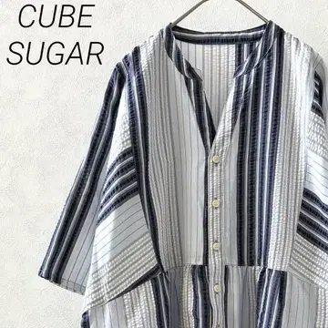 CUBE SUGAR 롱 셔츠 원피스 스트라이프 포켓 부착 루즈핏