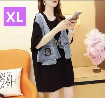 데님 베스트가 있는 블랙 티셔츠 루즈한 디자인 EMODA GYDA 자라