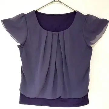 다크 퍼플 시스루 프릴 소매 플리츠 탑
