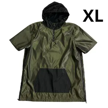 00s 하프 지퍼 나일론 후드티 XL 올리브 블랙 광택 반팔 투톤