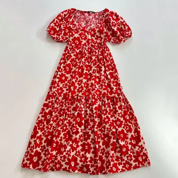 ZARA 빨간색과 흰색 꽃무늬 퍼프 슬리브 롱 원피스 자라 XS