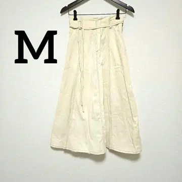 아이보리 플레어 롱 스커트 M 벨트 리본 포함 데님 허리 밴딩 화이트