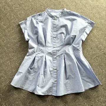 플라스테 펄 버튼 스트라이프 페플럼 블라우스 라이트 블루 S