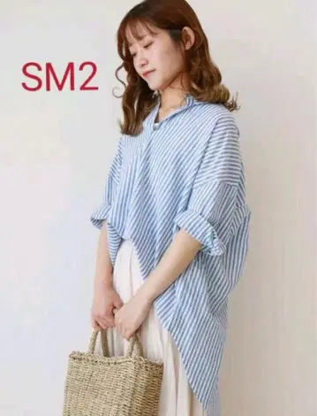 SM2 코튼 린넨 스트라이프 셔츠 사만다 모스모스 블루 7부 소매