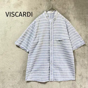 VISCARDI/반팔 노카라 셔츠/마 혼방 스트라이프 라이트 블루