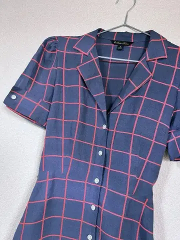 브룩스브라더스 체크 무늬 셔츠 원피스 반팔 네이비