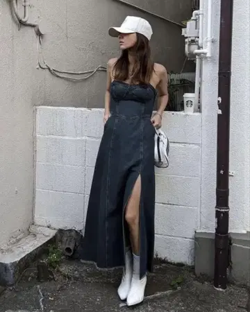 ACLENT 빈티지 스티치 데님 드레스 데님 원피스