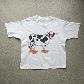 90s POP COW 소 프린트 티셔츠 USA제 소매 싱글 스티치