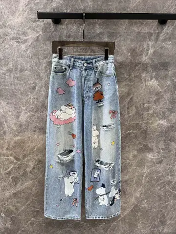 무민 자수 와이드 레그 데님 M