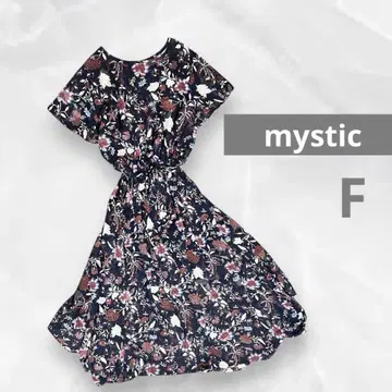 mystic 네이비 원피스 보태니컬 꽃무늬 롱 반팔 시스루