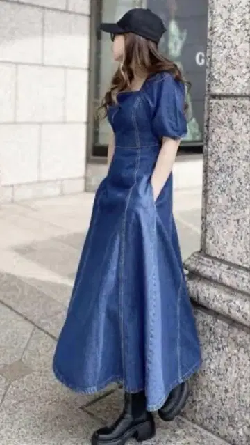 인기 상품 완판 아이템 자라 스퀘어 넥 데님 퍼프 슬리브 맥시 원피스